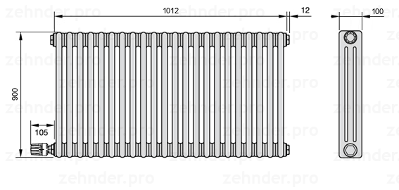 Схема (чертеж) Радиатор Zehnder Charleston 3090/22 №V004 Белый глянцевый RAL 9016